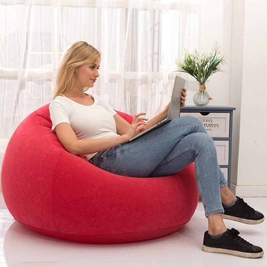 Opklapbare opblaasbare stoelbank gamelounger binnen en buiten camping en tuin zacht pluche volwassenen en kinderen eenpersoons bolvormig rood