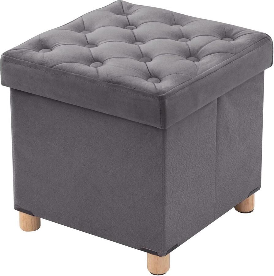 Opklapbare poef met houten poten fluwelen voetenbankjes kubus voor woonkamer en slaapkamer 40x40x40 cm grijs comfortabel en stijlvol - Foto 2