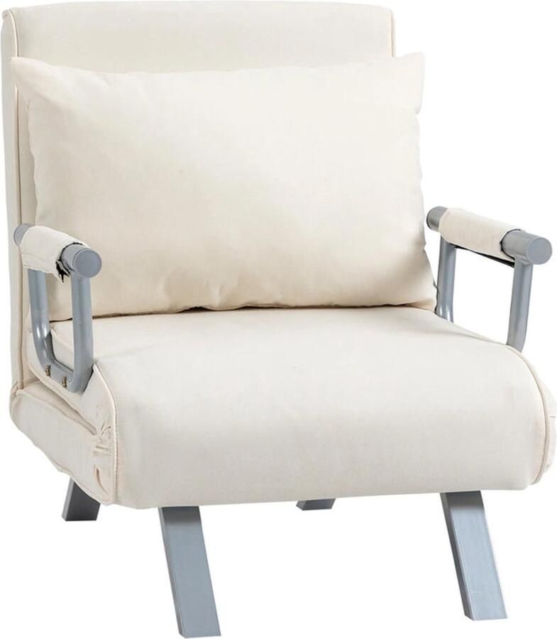 Opklapbare Relax Slaapstoel met Kussen – Inklapbare Fauteuil Slaapbank – 65x69x80 cm – Crème – 1-Persoons Omvormbare Stoel