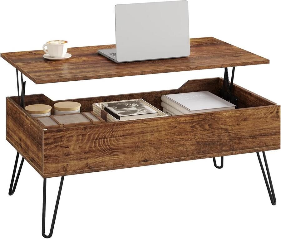 Opklapbare Salontafel met Verstevigd Vak Industrieel Design Hout en Metaal 95x50cm