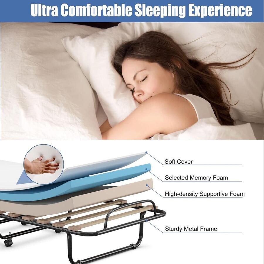 Opklapbed 90 x 200 cm Volwassenbed met matras Logeerbed Reisbed Opklapbed met 4 wielen Eenpersoonsbed met lattenbodem Metalen frame Maximale belasting 120 kg