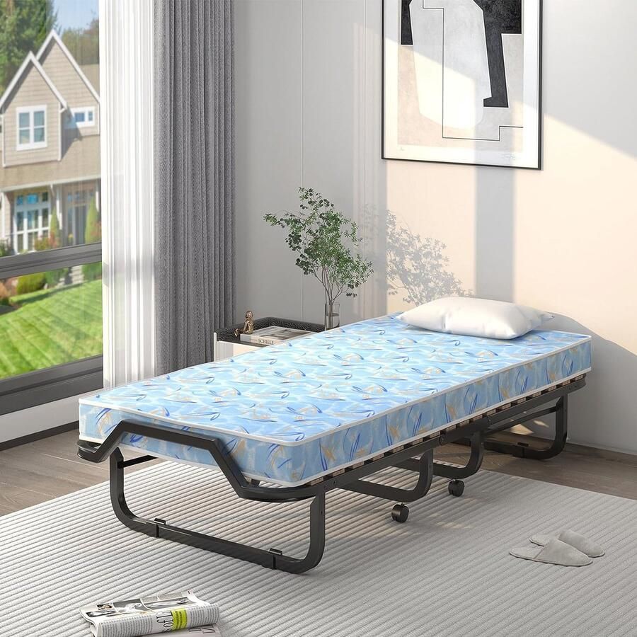 Opklapbed 90 x 200 cm voor Volwassenen Inklapbaar Reisbed met Matras en 4 Wielen Eenpersoonsbed met Lattenbodem