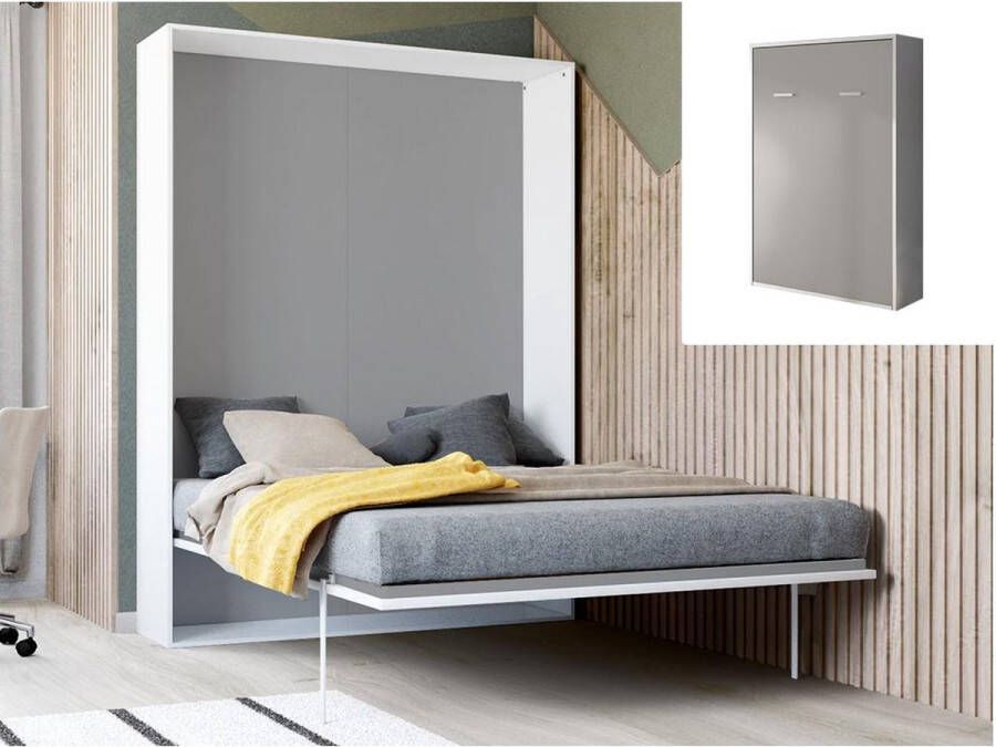Opklapbed handmatige verticale opening 140x200cm Wit Grijs MALINA L 155 cm x H 209 cm x D 40 cm