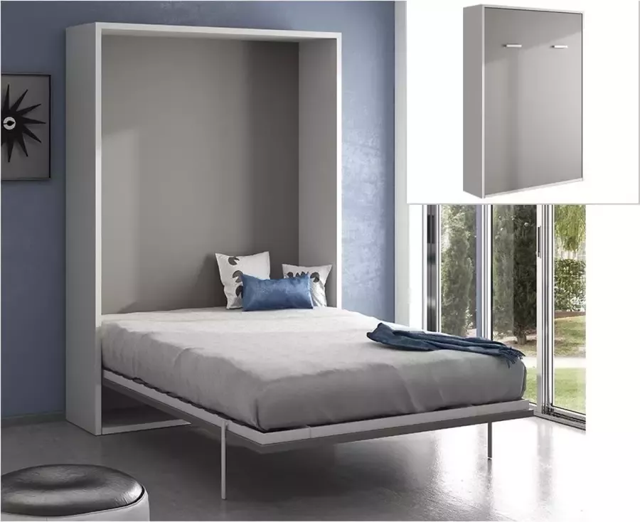 Opklapbed handmatige verticale opening 140x200cm Wit Grijs MALINA L 155 cm x H 209 cm x D 40 cm
