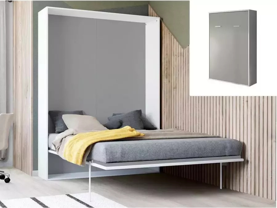 Opklapbed handmatige verticale opening 140x200cm Wit Grijs MALINA L 155 cm x H 209 cm x D 40 cm