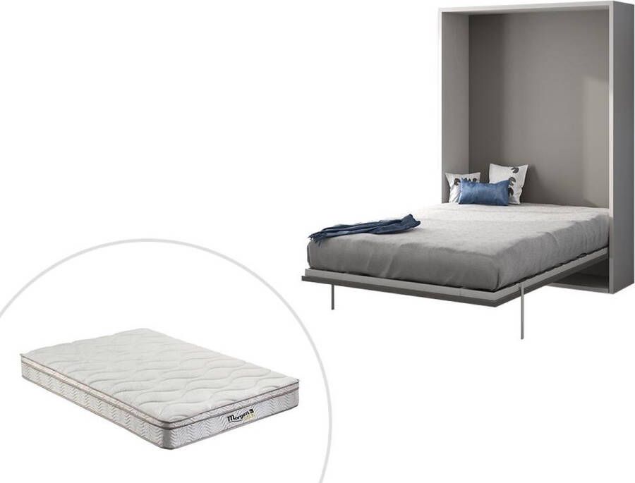 Opklapbed MALINA Verticale opening 140 x 200 cm Wit en grijs + matras L 155 cm x H 209 cm x D 40 cm
