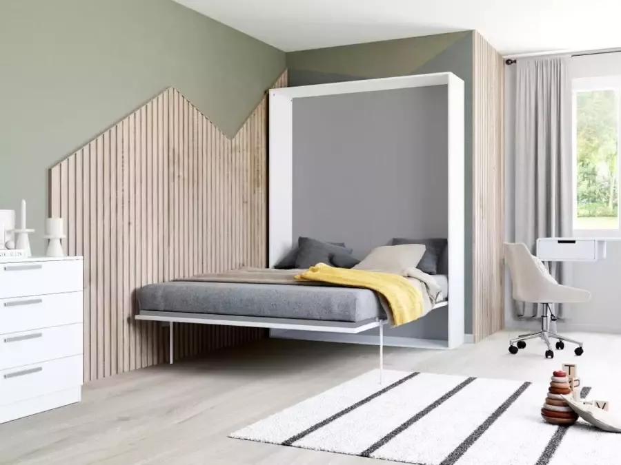 Opklapbed MALINA Verticale opening 160 x 200 cm Wit en grijs + matras L 175 cm x H 209 cm x D 40 cm