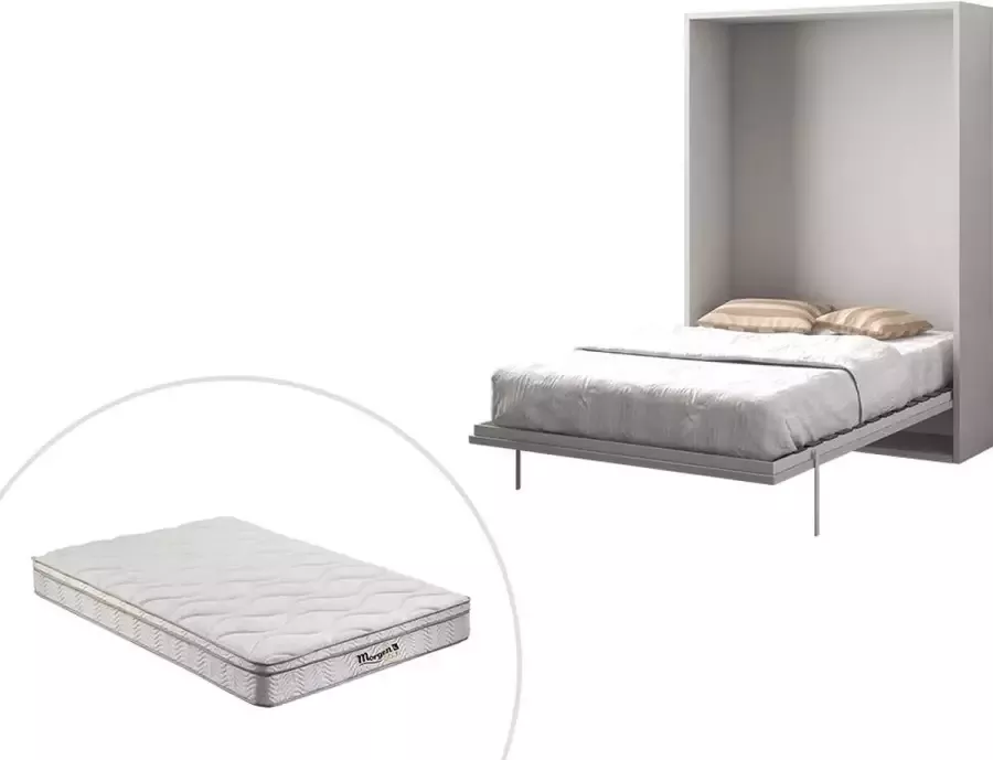 Opklapbed MALINA Verticale opening 160 x 200 cm Wit + matras L 175 cm x H 209 cm x D 40 cm