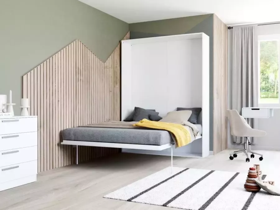 Opklapbed MALINA Verticale opening 160 x 200 cm Wit + matras L 175 cm x H 209 cm x D 40 cm
