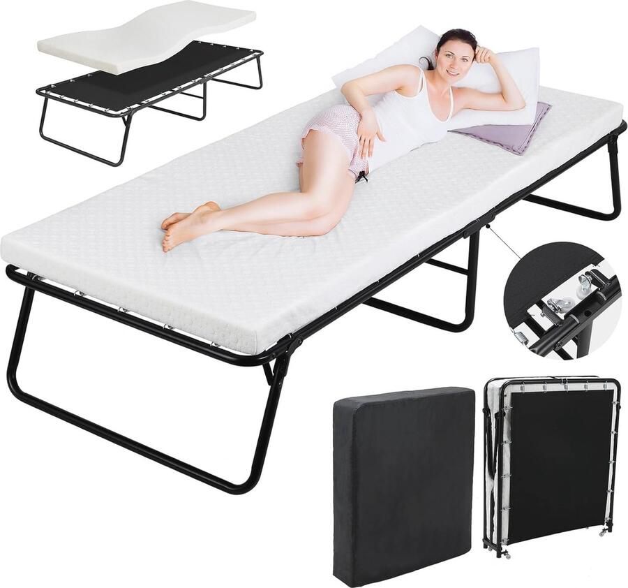 Opklapbed voor Volwassenen 80x191 cm Inklapbaar Logeerbed met 7 cm Traagschuimmatras Metalen Frame en Wielen voor Gemakkelijk Transport