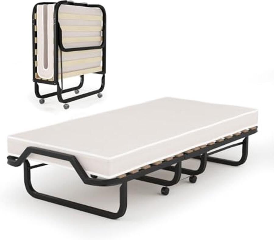 Opklapbed voor Volwassenen Inklapbaar Logeerbed met Traagschuimmatras en Wielen