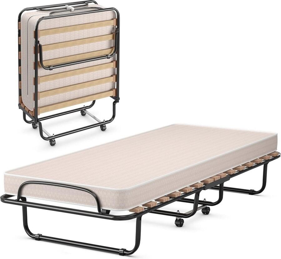 Opklapbed voor volwassenen met traagschuim matras Inklapbaar logeerbed met roestvrij stalen frame en 4 wielen (190 x 80 cm)
