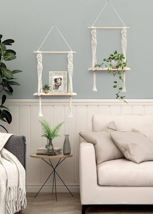 Opknoping Plank Macrame Muur Drijvende Plank Handgemaakte Boho Decor Leuke 1 Tier Zwevende Plank voor Badkamer Slaapkamer Venster