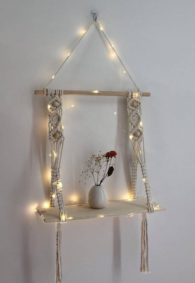 Opknoping Plank Macrame Muur Drijvende Plank Handgemaakte Boho Decor Leuke 1 Tier Zwevende Plank voor Badkamer Slaapkamer Venster