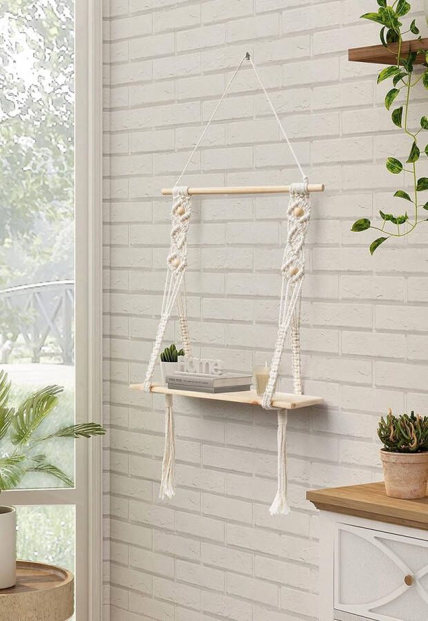 Opknoping Plank Macrame Muur Drijvende Plank Handgemaakte Boho Decor Leuke 1 Tier Zwevende Plank voor Badkamer Slaapkamer Venster - Foto 2