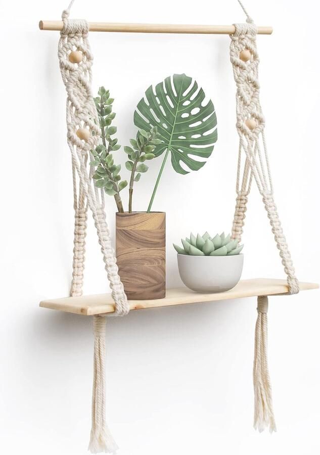 Opknoping Plank Macrame Muur Drijvende Plank Handgemaakte Boho Decor Leuke 1 Tier Zwevende Plank voor Badkamer Slaapkamer Venster