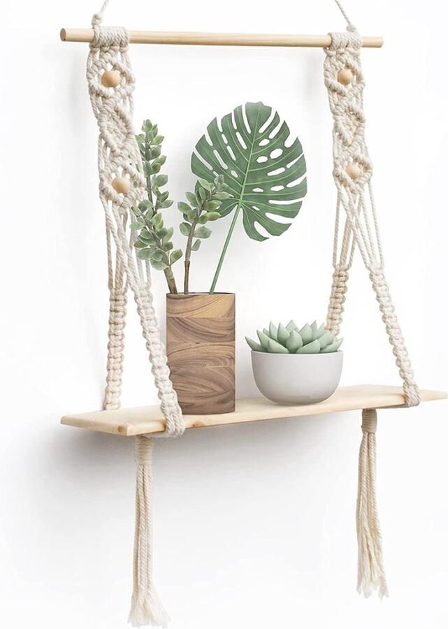 Opknoping Plank Macrame Muur Drijvende Plank Handgemaakte Boho Decor Leuke 1 Tier Zwevende Plank voor Badkamer Slaapkamer Venster