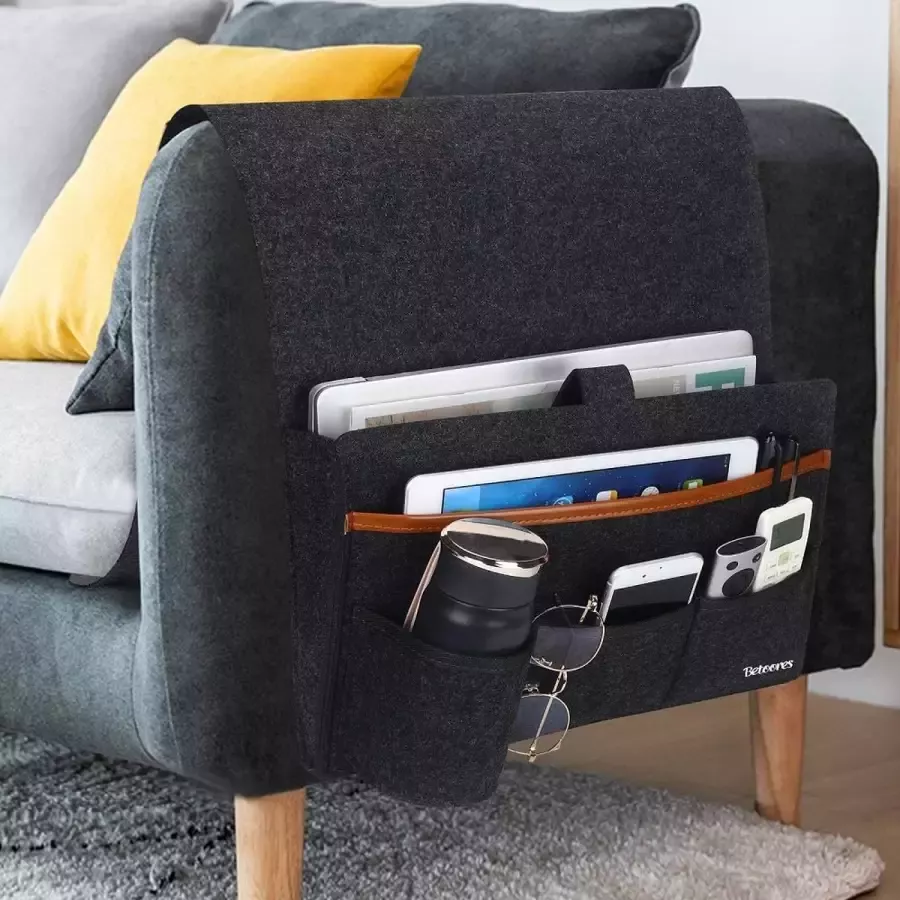 Opknoping Sofa Organizer Bed Fauteuil Bank Opbergtas met Waterfles Houder voor TV Afstandsbediening Mobiele Telefoon Boeken Tijdschriften Donkergrijs