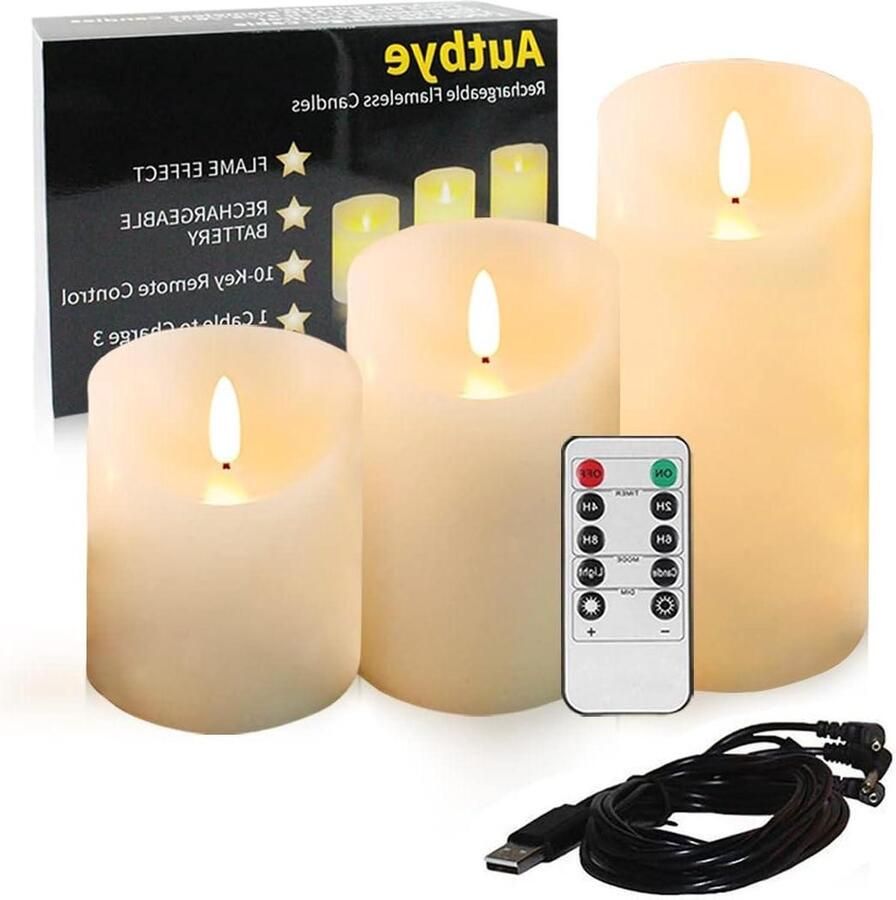 Oplaadbare batterij vlamloze elektrische kaarsen 3 stuks druppelloze echte wax zuilen met LED 10-toetsen afstandsbediening