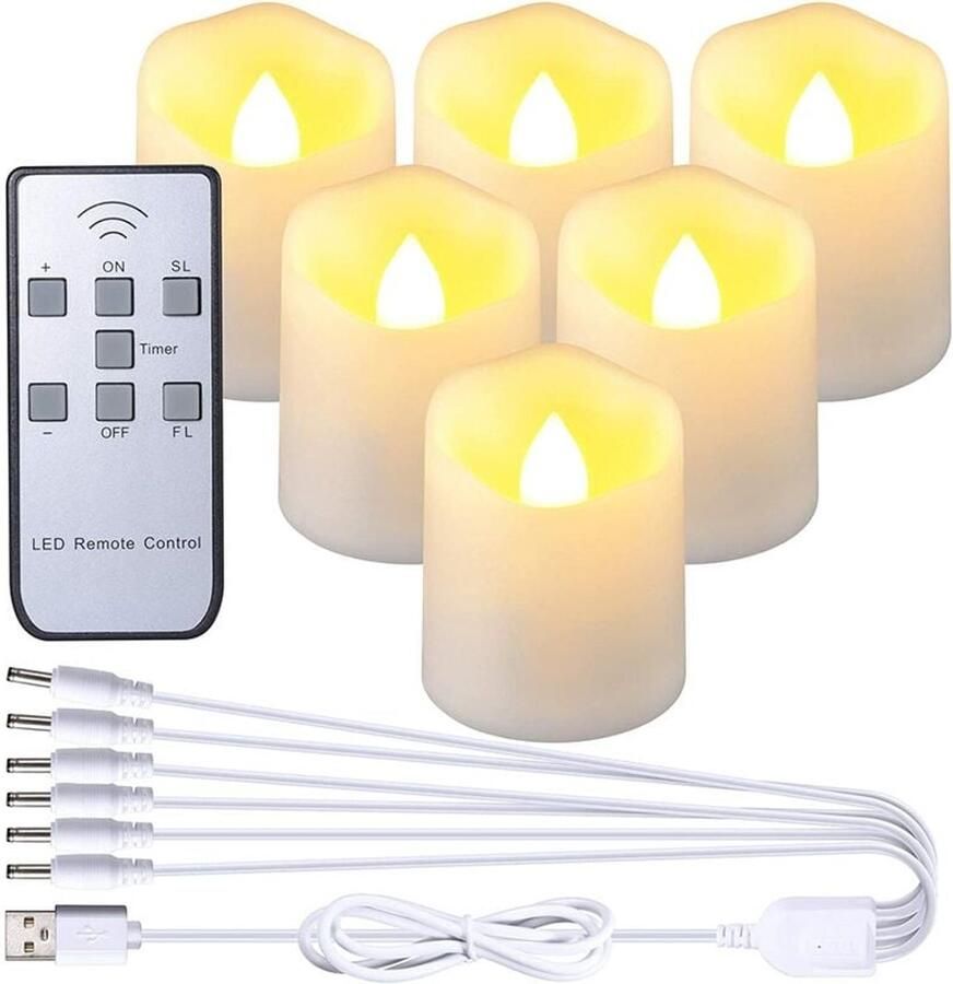 Oplaadbare LED-kaarsen 6-pack vlamloze kaarslampjes met afstandsbediening flikkerende theelichtjes met USB-oplaadkabel voor Halloween huis tafel feestdecoraties