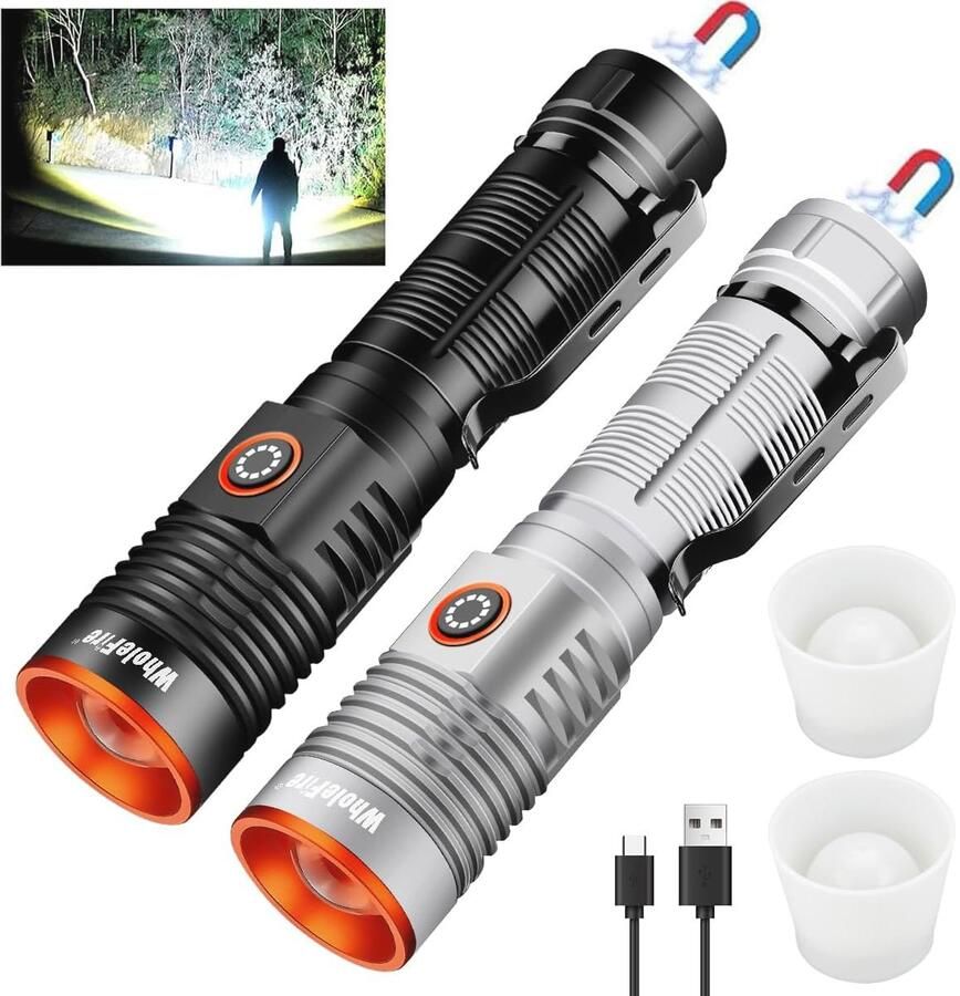 Oplaadbare Led-Zaklampen met Magnetische Basis en 20.000 Lumen – Waterdicht Zoombaar en Handig voor Camping en Avontuur