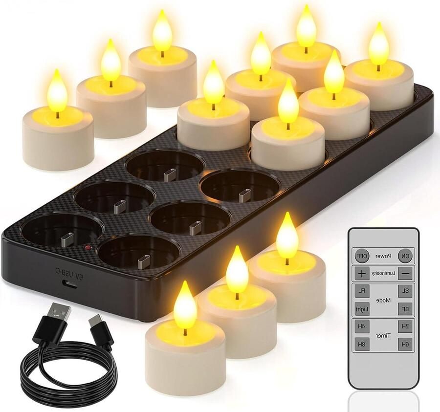 Oplaadbare theelichtjes met timerfunctie en laadstation Flikkerende led-theelichtjes Afstandsbediening Timer Kamer Woonkamer Halloween Kerstmis Tafel Feestdecoratie
