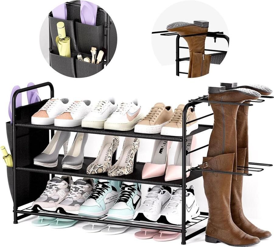 Opslag Organisator 3-Tier Vrijstaande Metalen Schoenenrek Stapelbaar Zijvakken en Boot Organisator Rack Ingangen Gangen Garages