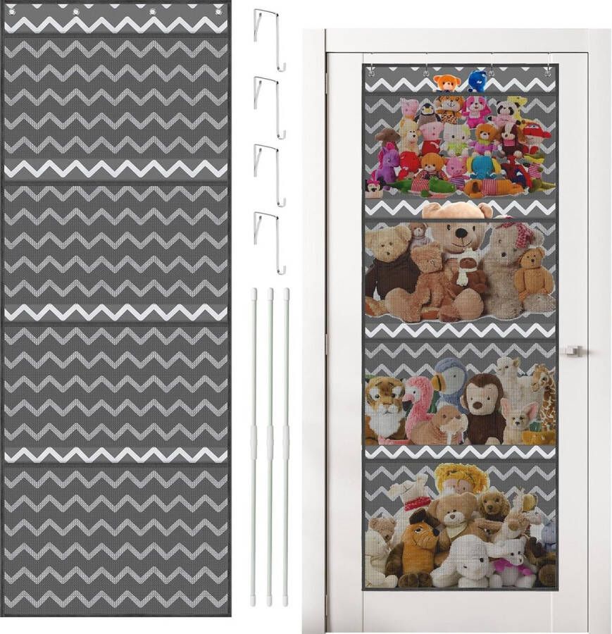 Opslag voor knuffeldieren boven de deur-organizer voor knuffeldieren babyaccessoires en vochtige doekjes ademende hangorganizer met 4 grote vakken voor kinderkamer slaapkamer grijs