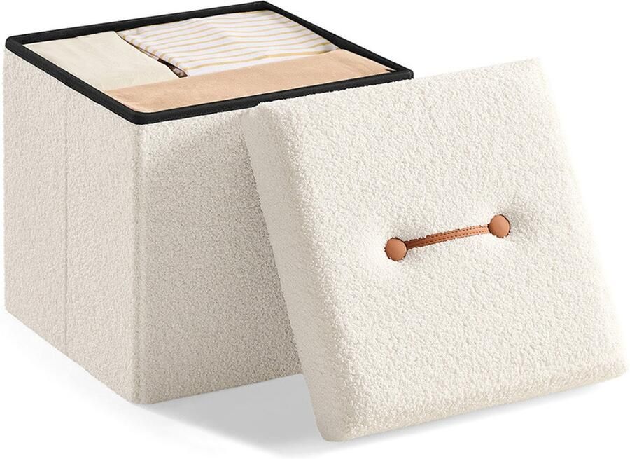 Storage Stool Seat Chest Ottoman 43L Capacity White MDF & Fleece 38x38x38cm