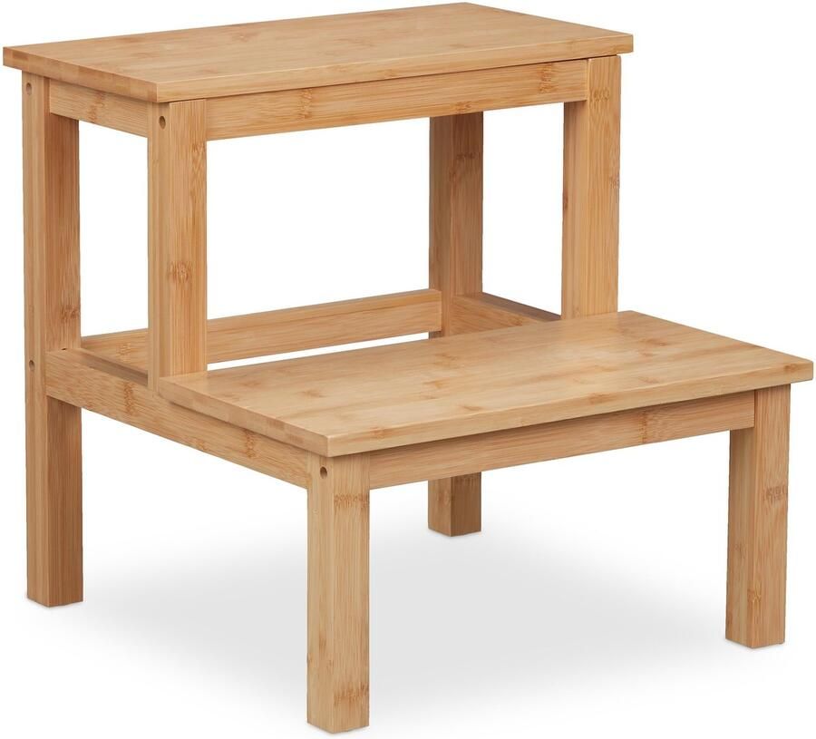 Opstapje 2 tredes bamboe maximaal 100 kg kinderen en volwassenen HBD 40 x 40 x 405 cm opstapkrukje natuur Houten kruk - Foto 2