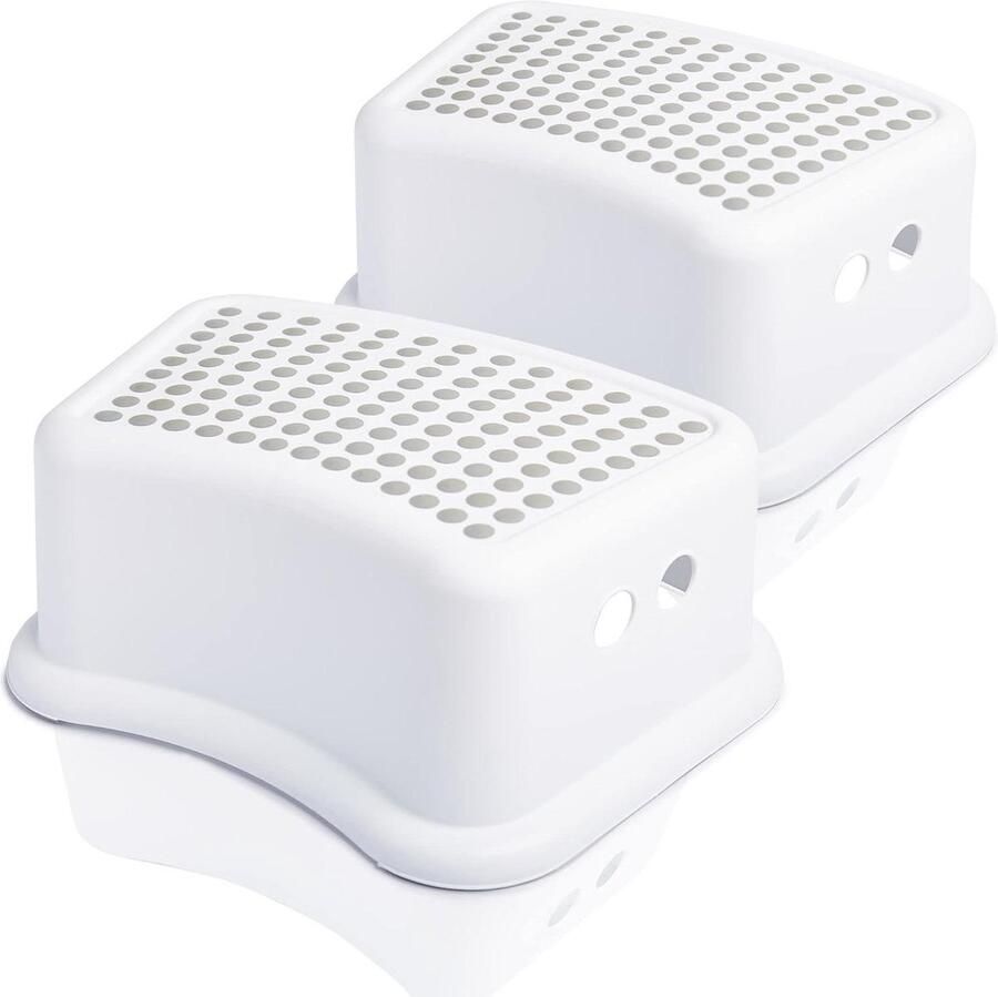Opstapkruk belastbaar tot 60 kg 1 trede anti-slip coating 14 cm hoog kinderkruk kinderopstapkruk tredenkruk tevredenheidsgarantie (3 jaar) grijs-wit set van 2