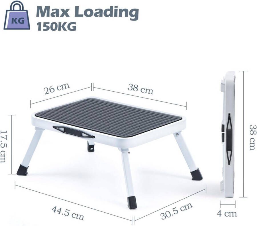 Inklapbare Opstapkruk Draagbaar en Lichtgewicht Trapladder van Staal met Antislip Loopvlak Opvouwbaar Opstapje voor Keuken Draagvermogen tot 150 kg Wit - Foto 2