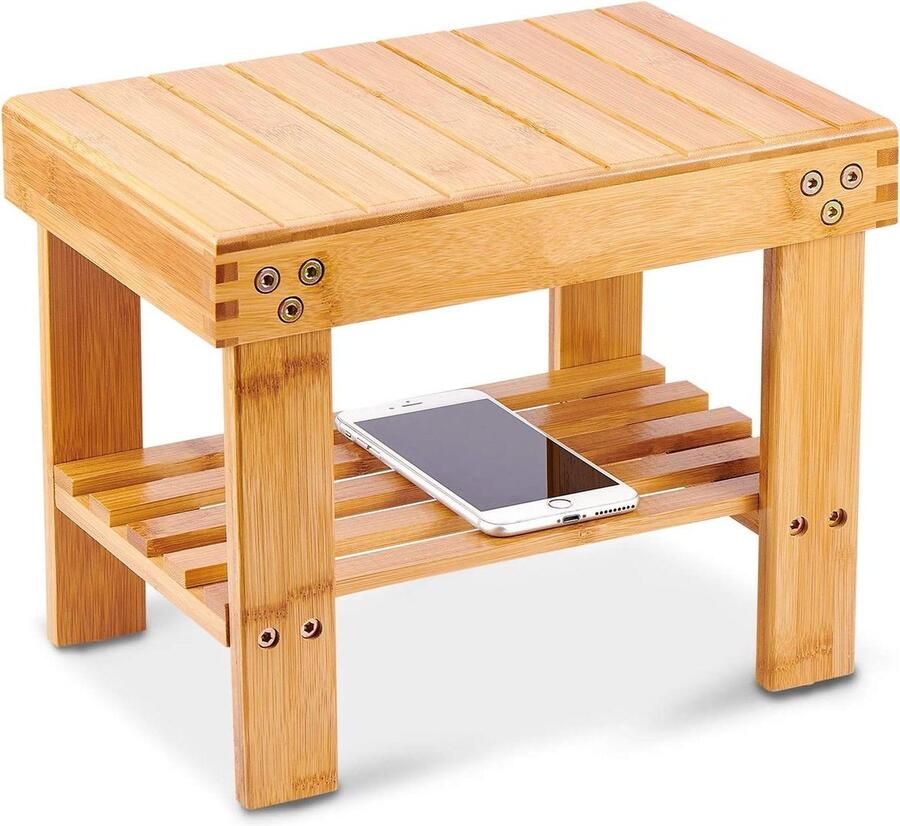 Opstapkruk van bamboe voor kinderen draagbare voetkruk met opslagplank lichtgewicht en antislip