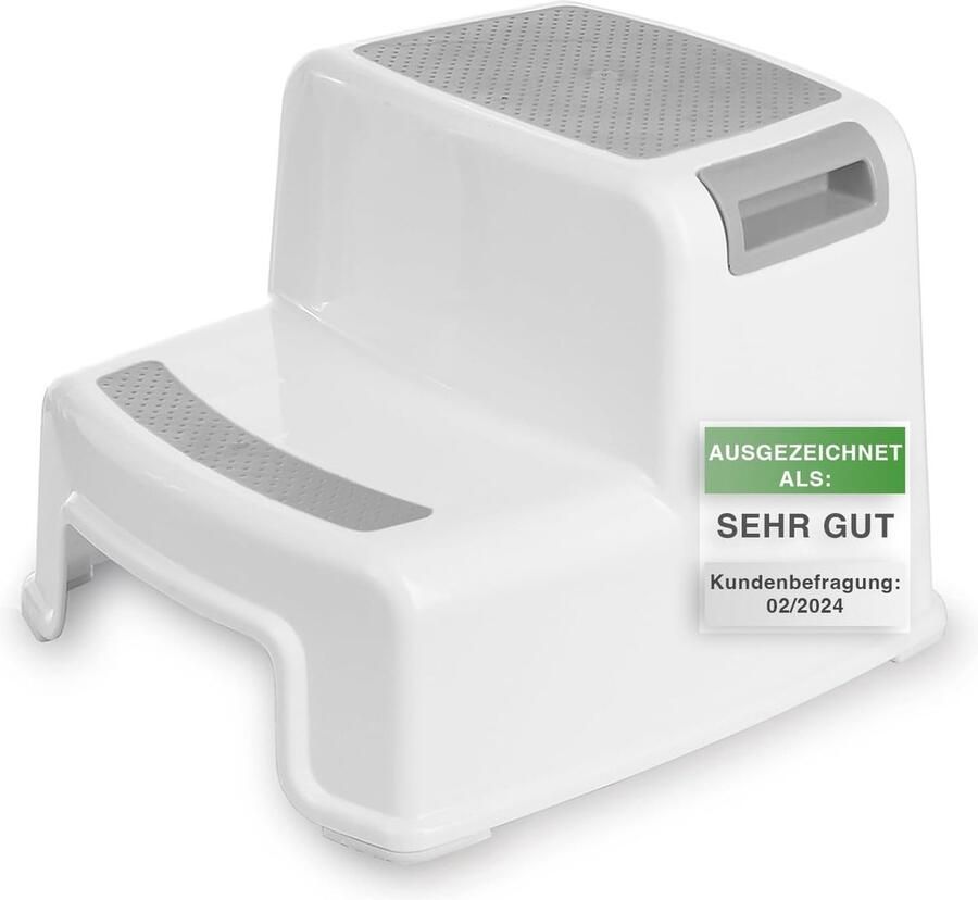 Opstapkruk voor kinderen 2-traps kruk voor kinderen 26 cm hoog belastbaarheid 80 kg rubberen loopvlak kinderbad met handgrepen voor kinderen volwassenen senioren grijs