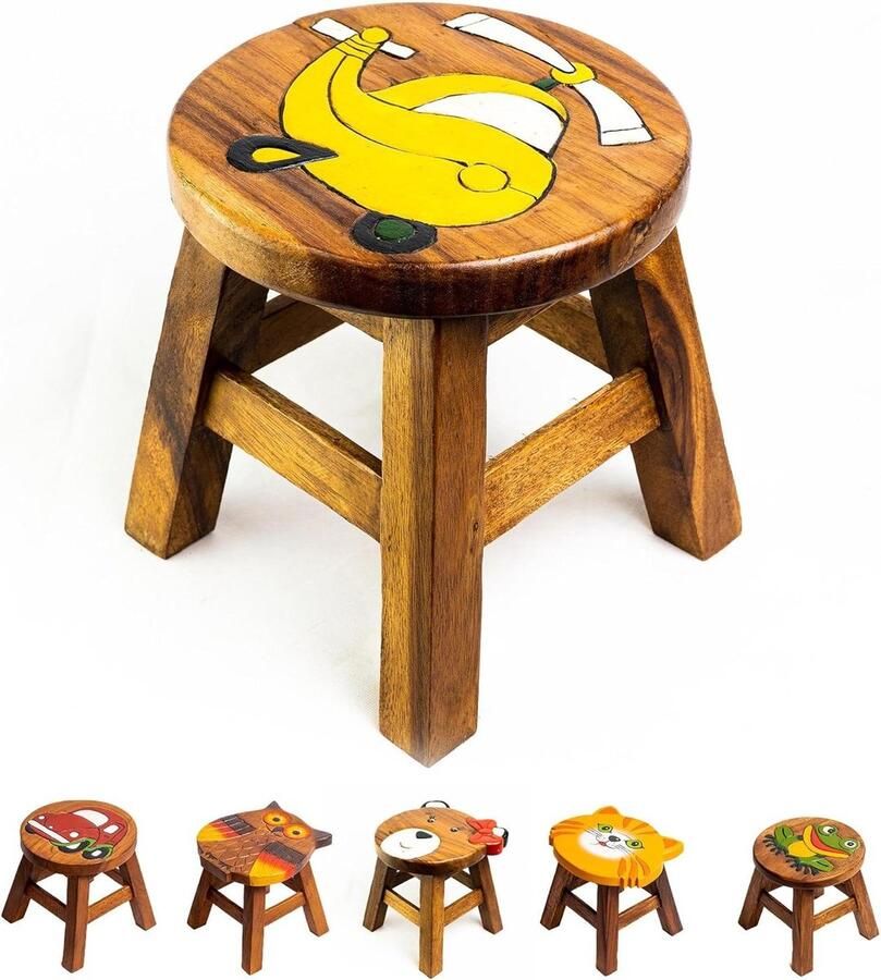 Opstapkruk voor kinderen ronde kinderkruk plantenkruk voor binnen melkkruk huisdecoratie houten trede massief houten kruk motief gesneden diermotief Houten kruk
