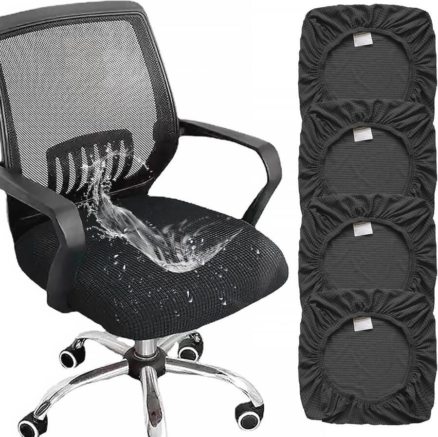 Set van 4 Wasbare Bureaustoelhoezen Stretch Stoelhoes voor Eetkamer Kantoor en Bar (Zwart)