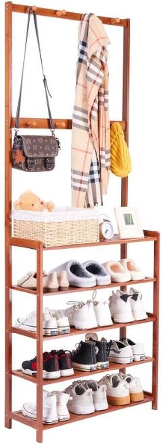 OptiGoodz Vintage 3-in-1 Halboom Schoenenrek Bamboe Schoenenbank – Jasrek en Schoenbank in één Hangrek kleding