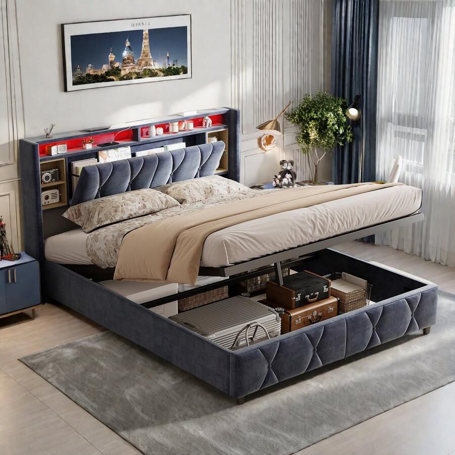 Optillend tweepersoonsbed met grote opbergruimte LED-boekenplankhoofdeinde met USB-oplaadpoorten gestoffeerd bed 140 x 200 cm fluwelen stof zonder matras