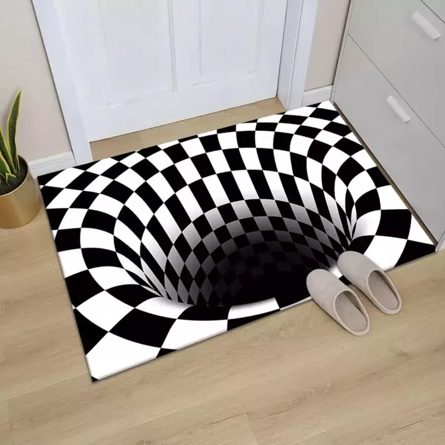 Optische illusie vloerkleed WitZwart optische 3D vloerkleed deurmat vertekend beeld