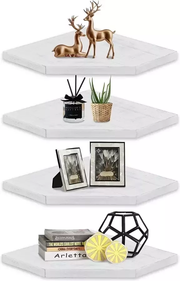 Optyuwah Hangend Houten hoekrek 4 etages zwevend rek hoekplank rustiek hangrek wandmontage zwevende planken hoek voor woonkamer slaapkamer badkamer keuken kantoor shabby wit