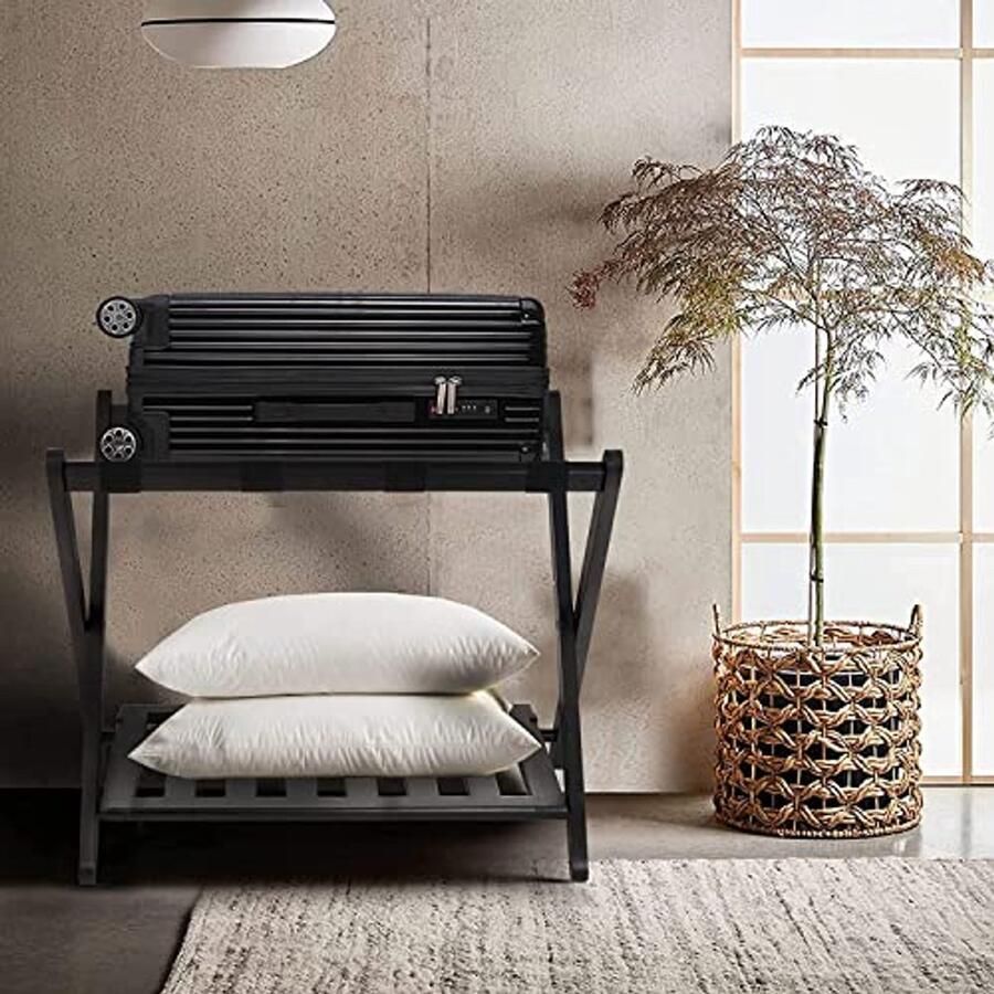 Opvouwbaar Bagagerek van Bamboe 2-Tier Ruimtebesparend en Praktisch voor Slaapkamer Logeerkamer en Hotel Zwart 68x40x58cm