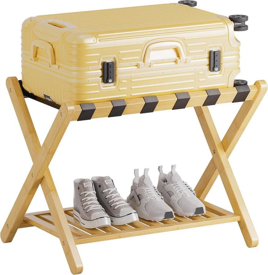 Opvouwbaar Bamboe Bagagerek met Onderplank voor Slaapkamer en Hotel Heavy-Duty Kofferstandaard