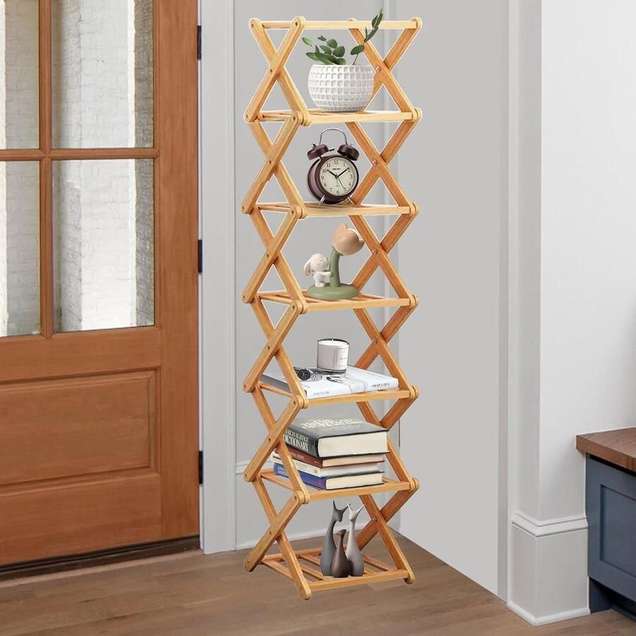 Opvouwbaar bamboe schoenenrek multifunctioneel en vrijstaand klein en draagbaar 7 lagen houtkleur