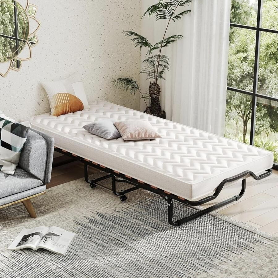 Opvouwbaar bed 80 x 200 cm met 4 wielen Reisbed Opvouwbaar bed voor volwassenen met traagschuimmatras eenpersoonsbed met lattenbodem metalen bed maximale belasting 120