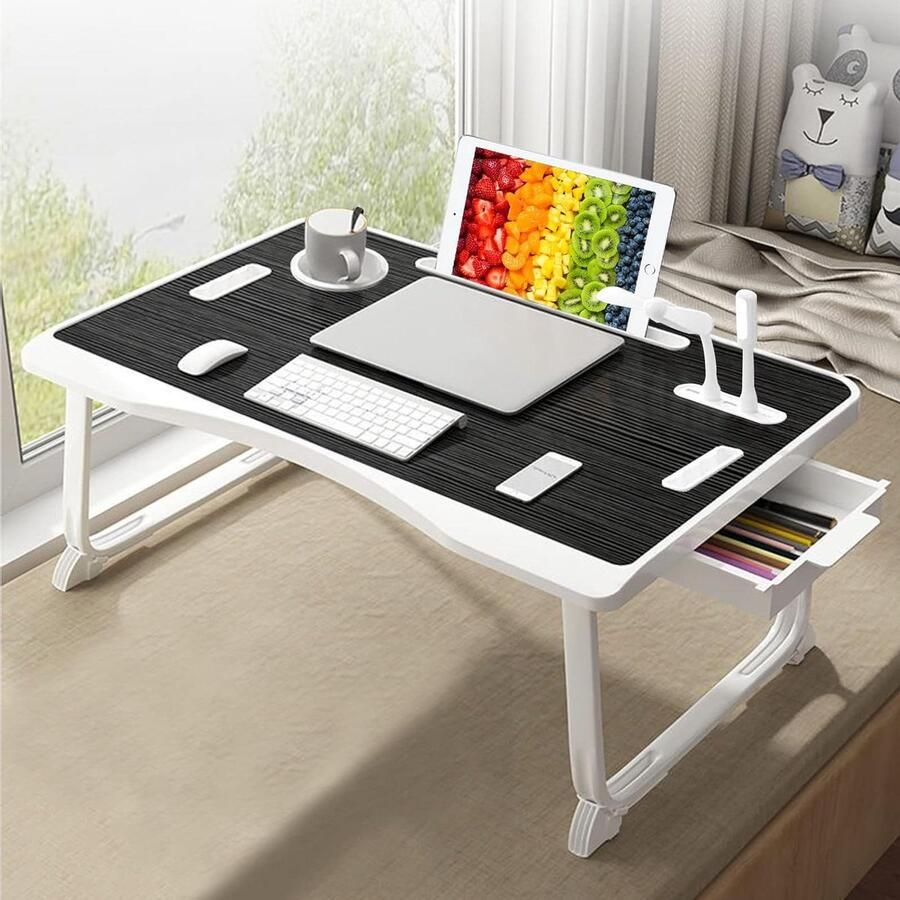 Opvouwbaar bed tafel laptop bureau XL met handvat zijlade en opbergruimte zwart