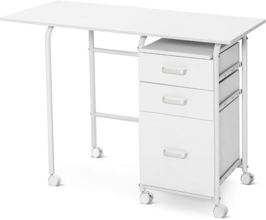 Opvouwbaar Bureau met 3 Lades Schrijftafel met Vergrendelbare Wielen in Bruin Natuur Wit