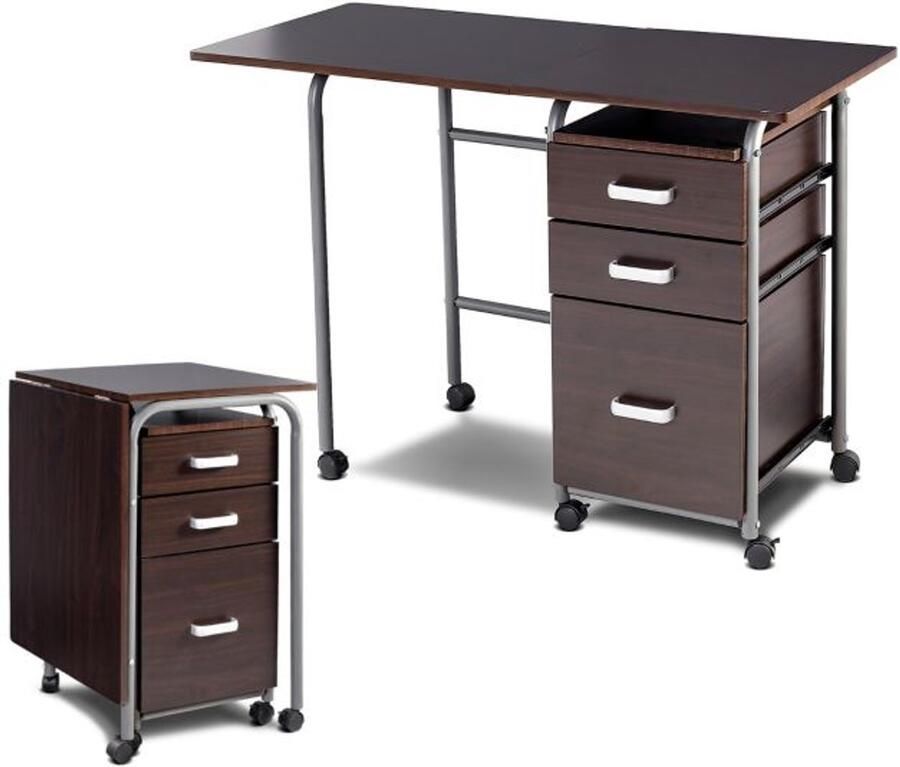 Opvouwbaar Bureau met 3 Lades Schrijftafel met Vergrendelbare Wielen in Bruin Natuur Wit