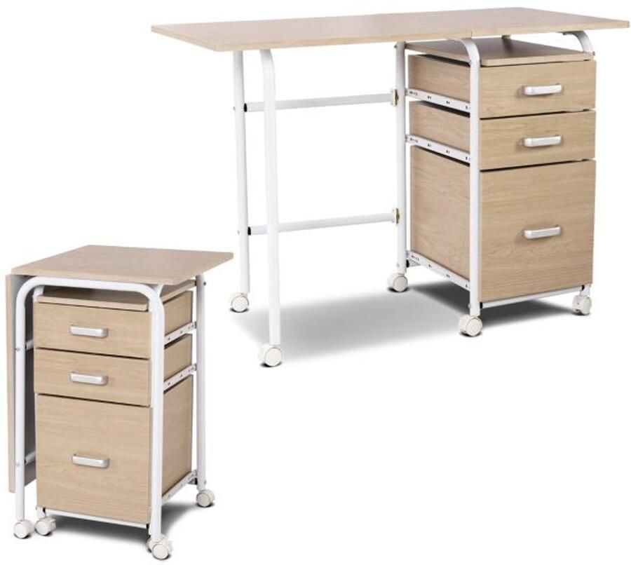 Opvouwbaar Bureau met 3 Lades Schrijftafel met Vergrendelbare Wielen in Bruin Natuur Wit