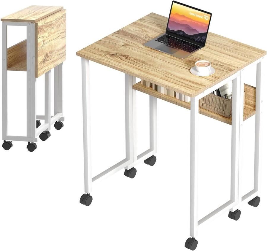 Opvouwbaar Bureau met Wielen Draagbaar en Compact Beige 63x50cm