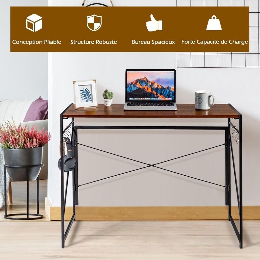 “Opvouwbaar Computerbureau 100 x 50 x 75 cm – Metalen Frame 6 S-Haken Industrieel Draagvermogen 115 kg Zwart Koffie Bruin”
